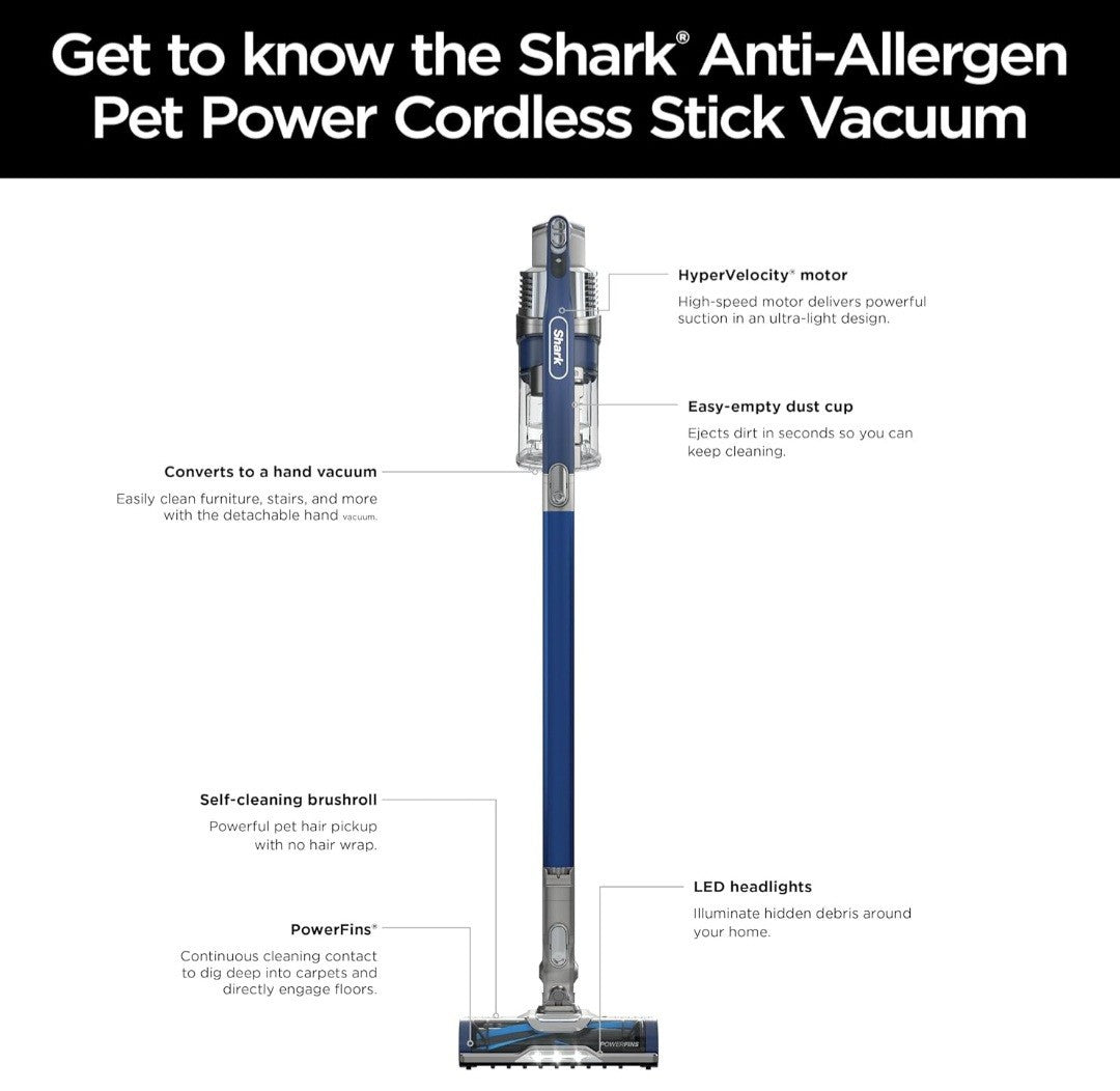 Shark Pet plus Cordless Stick Vacuum W/ Powerfins Self Cleaning Brushroll &...