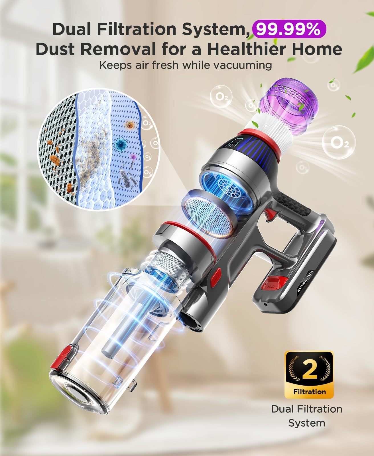 Cordless Stick Vacuum Cleaner - 550W Powerful Cordless Vacuum with HEPA Filte...